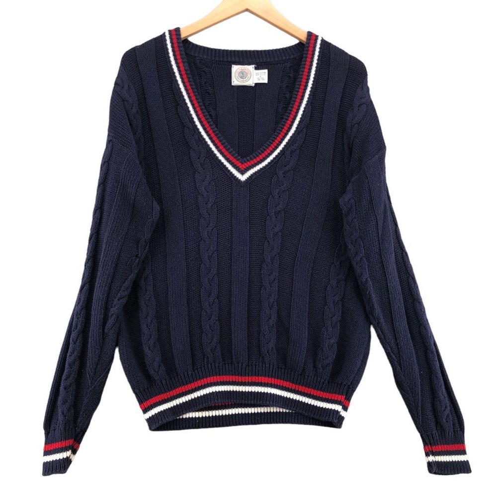 Vintage Cape Isle Knitters Varsity Sweater Mens L Blue V-Neck Cable Knit Preppy